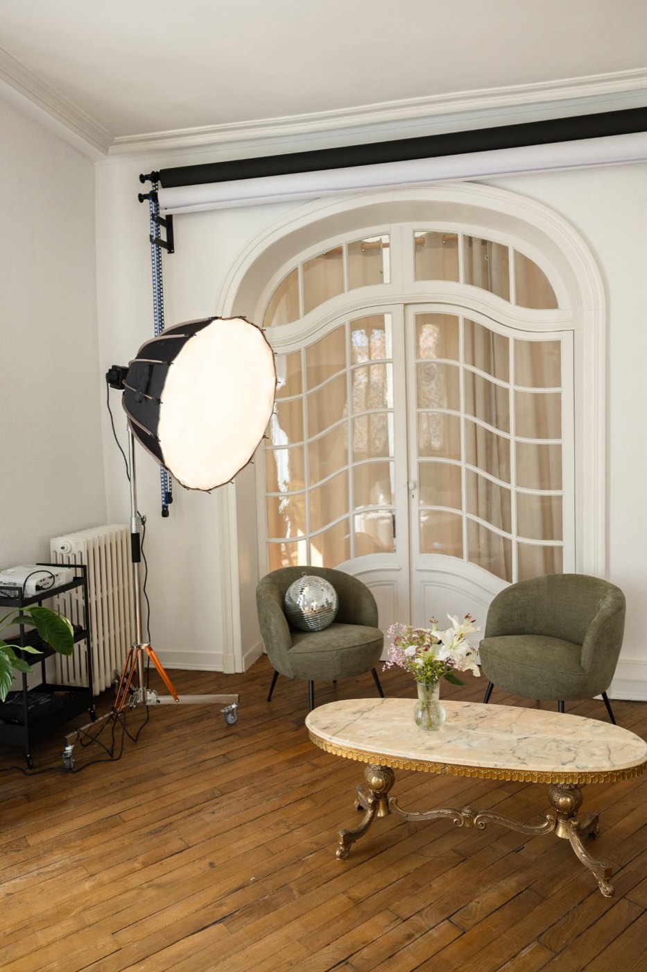 Coin salon du Studio Louisa à Rennes : deux fauteuils verts, table basse en marbre et projecteur